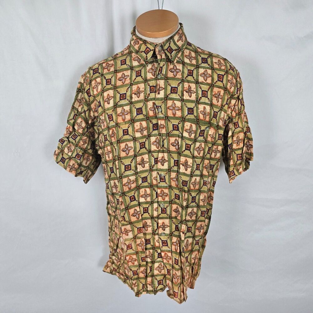 Campia Moda Shirt Men's M Green Tan Geometric Print Button Down Short Sleeve